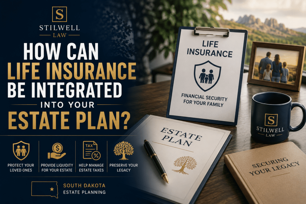 Life insurance and estate planning documents with family imagery, illustrating how life insurance can provide financial security and support an estate plan.