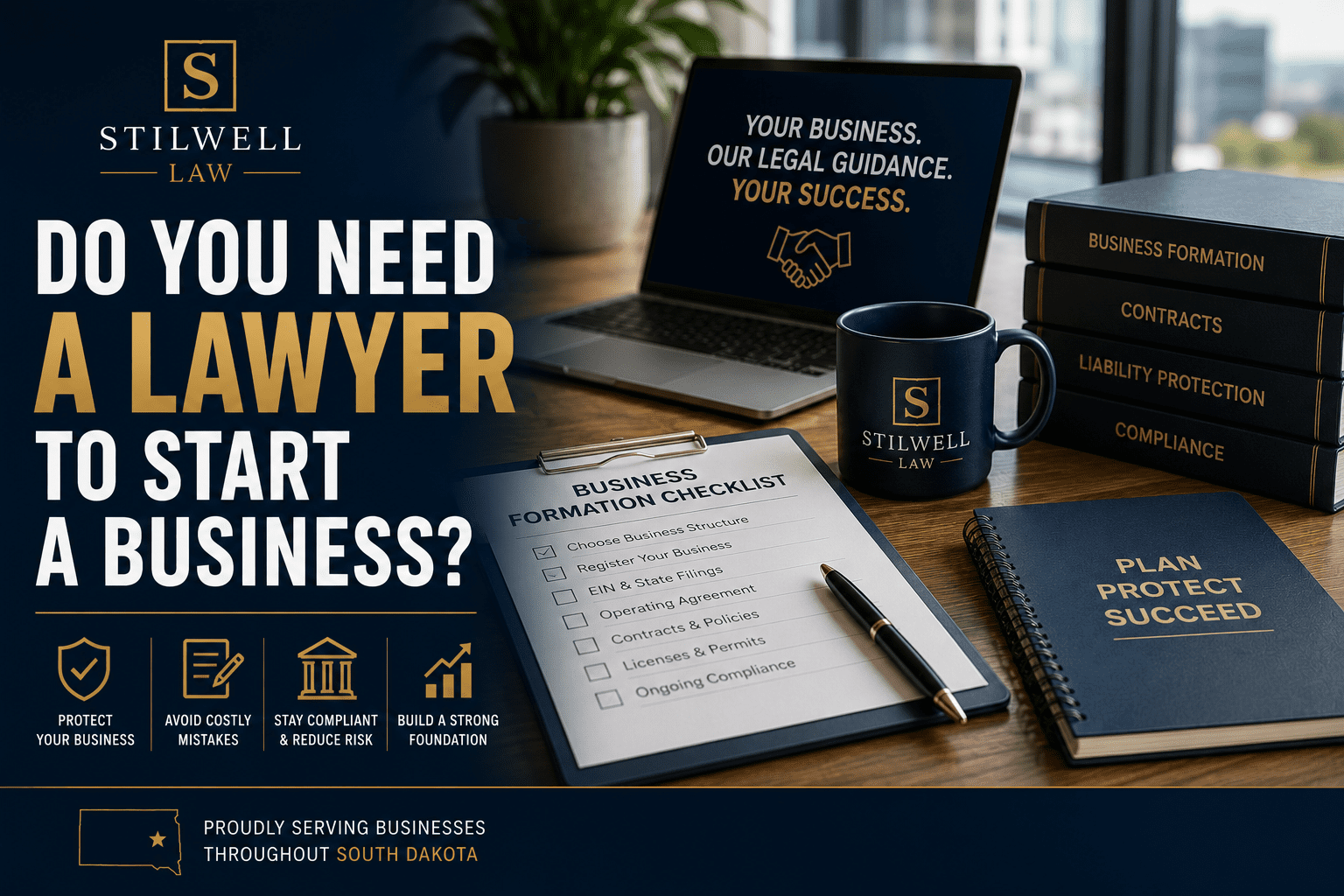 Business formation checklist, legal documents, and startup planning materials illustrating how a lawyer can help with business formation, contracts, compliance, and liability protection.