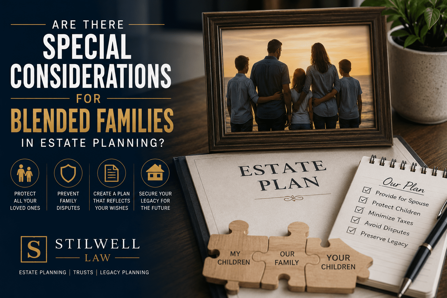 Estate planning documents, a blended family photograph, and puzzle pieces representing strategies for protecting spouses, children, and inheritance interests in blended families.