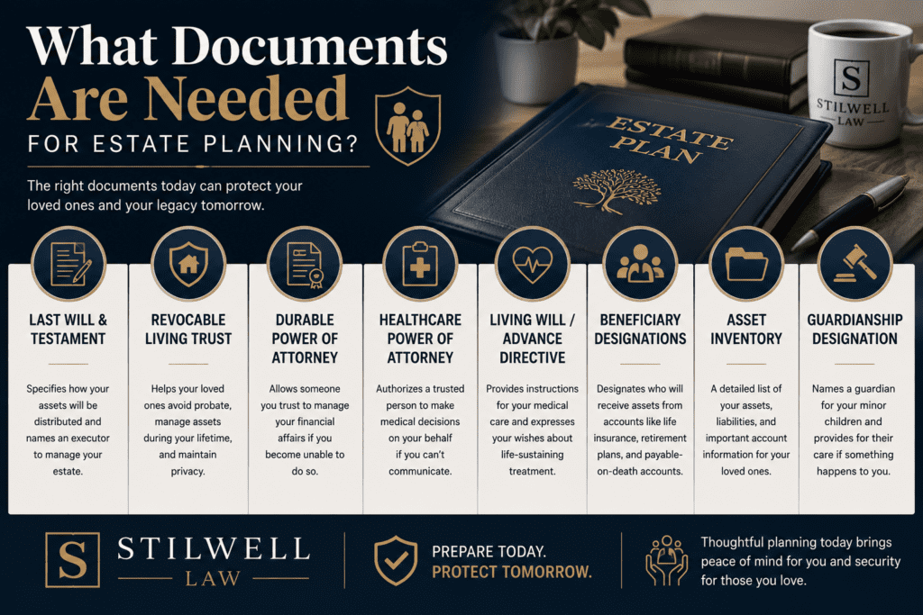Estate planning infographic highlighting essential documents such as a will, living trust, powers of attorney, healthcare directive, beneficiary designations, and asset inventory.