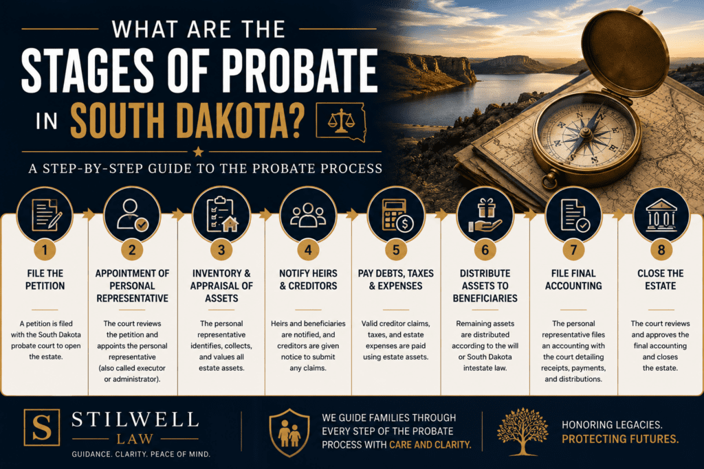 Probate process infographic outlining the stages of probate in South Dakota, from filing a petition and appointing a personal representative to distributing assets and closing the estate.