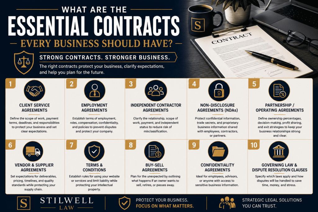 Business contracts infographic highlighting essential agreements every company should have, including client contracts, employment agreements, NDAs, vendor agreements, and partnership agreements.
