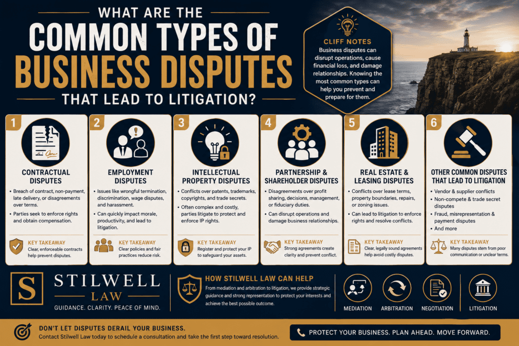 Business litigation infographic highlighting common types of business disputes, including contract disputes, employment disputes, intellectual property conflicts, partnership disagreements, and real estate disputes.