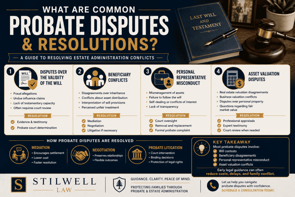 Probate dispute infographic explaining common estate administration conflicts, including will contests, beneficiary disputes, personal representative misconduct, and asset valuation disagreements, along with common resolution methods.