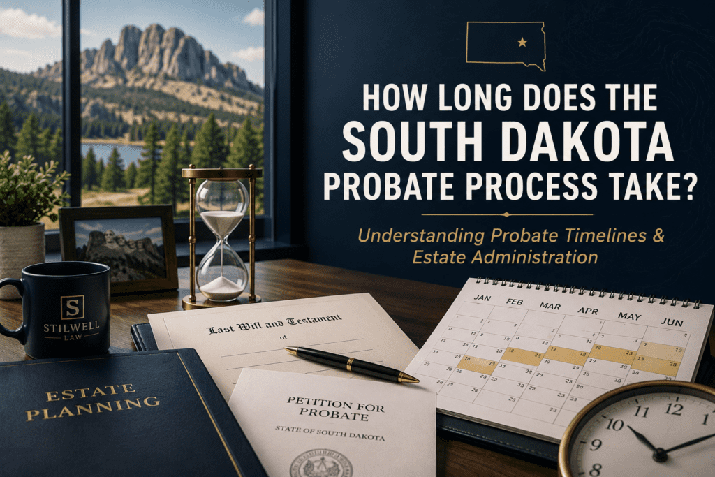 Estate planning documents, probate paperwork, calendar, and hourglass on a desk with a South Dakota landscape in the background, illustrating probate timelines and estate administration.