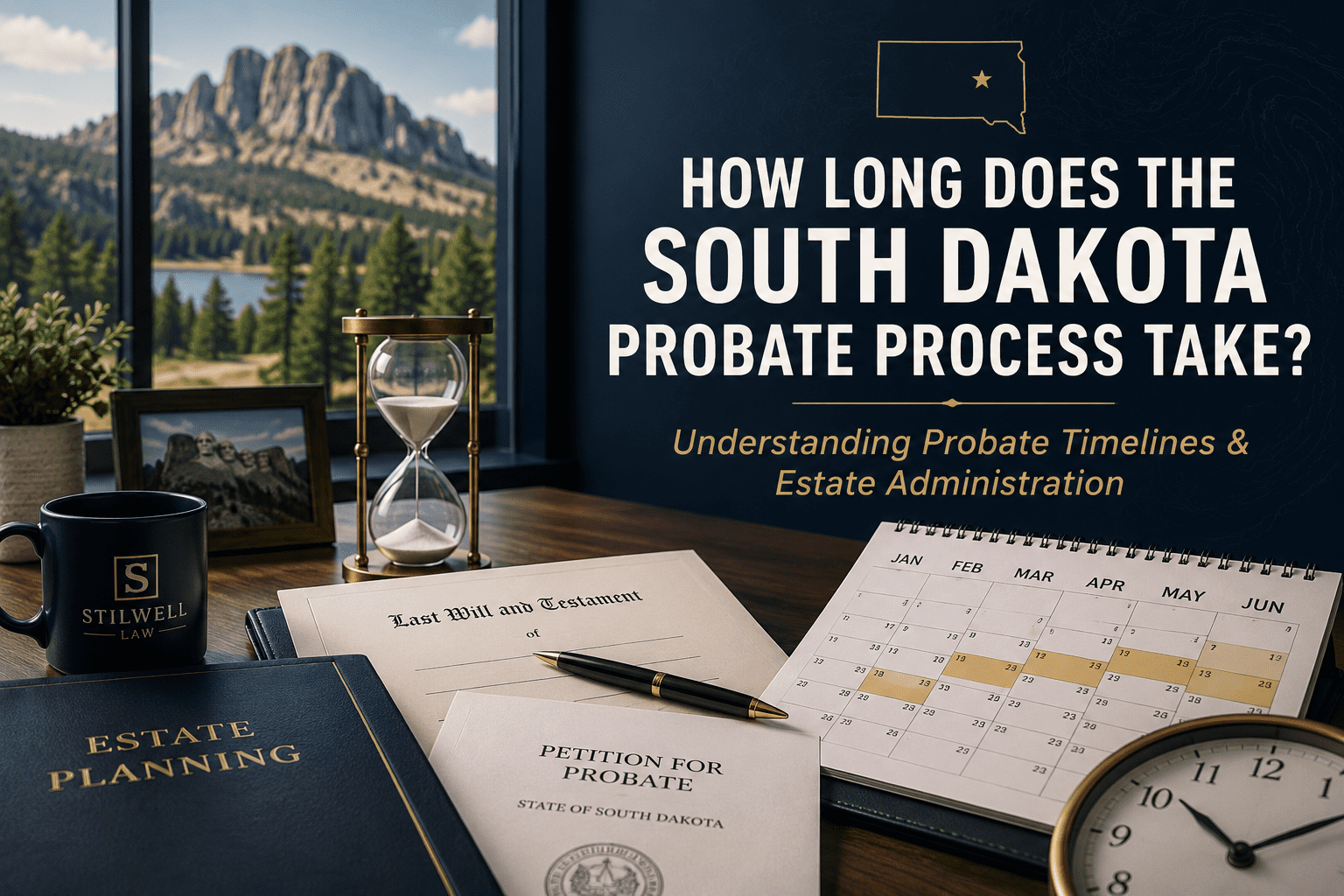 Estate planning documents, probate paperwork, calendar, and hourglass on a desk with a South Dakota landscape in the background, illustrating probate timelines and estate administration.