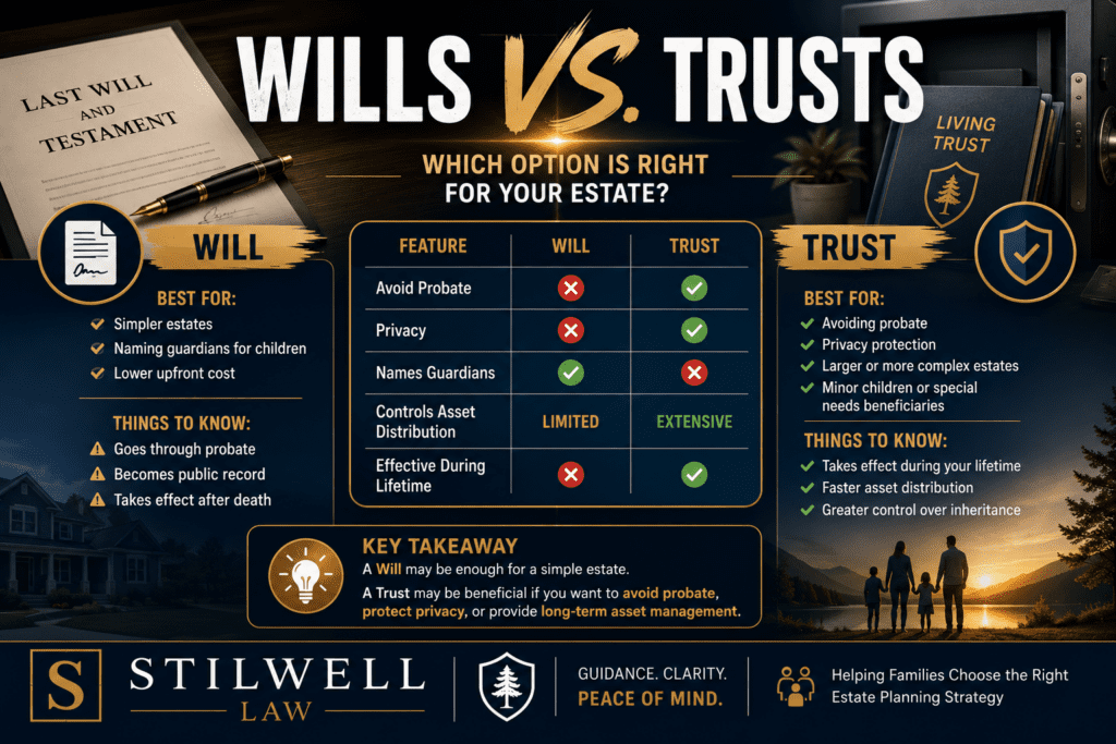 Wills vs. trusts comparison infographic explaining the differences between estate planning options, including probate avoidance, privacy, asset distribution, guardianship planning, and long-term asset management.