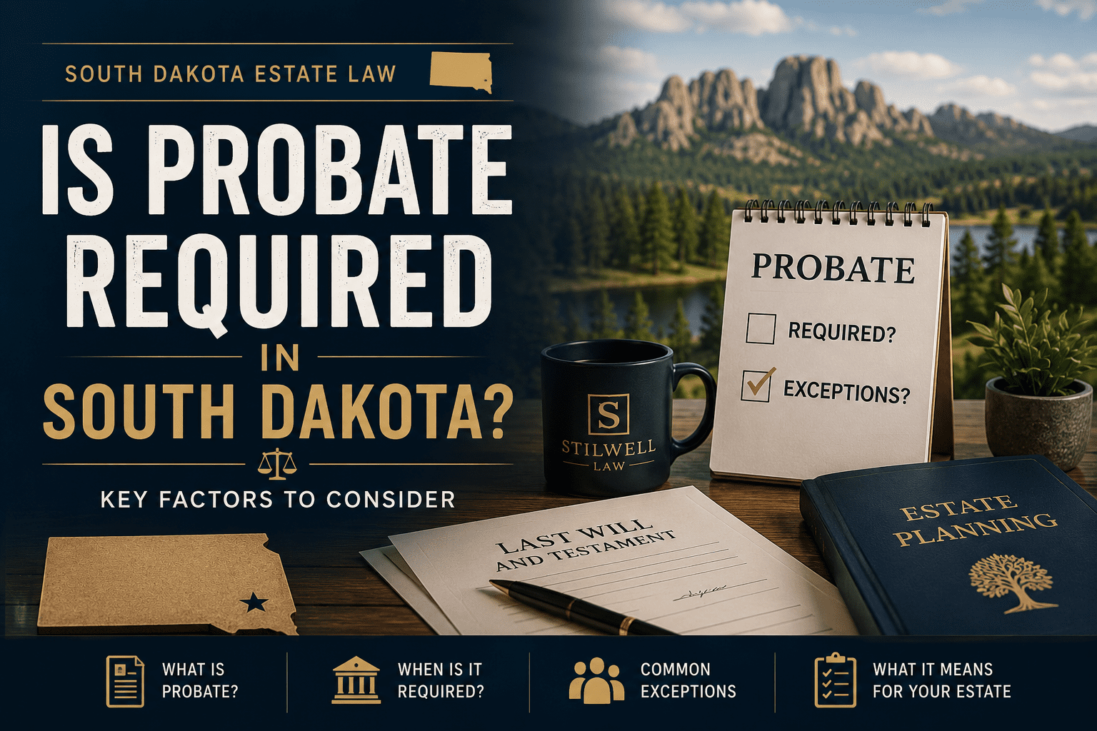 South Dakota probate law illustration featuring estate planning documents, a will, probate checklist, and legal resources explaining when probate is required in South Dakota.