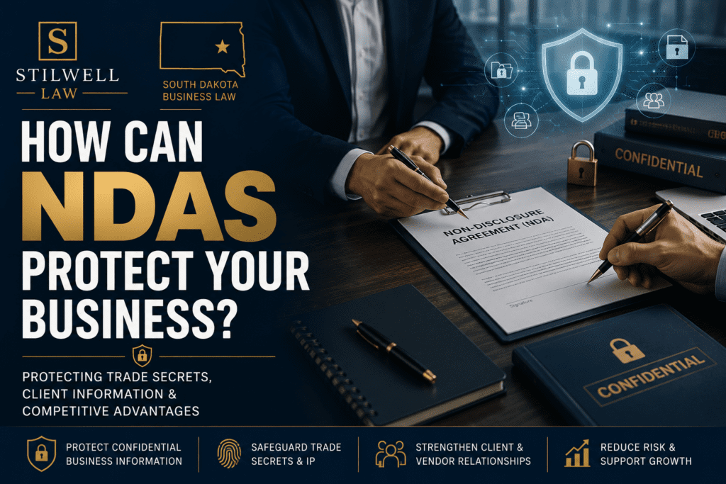 Business professionals reviewing and signing a non-disclosure agreement (NDA) with confidential documents and security graphics, illustrating how NDAs protect sensitive business information.
