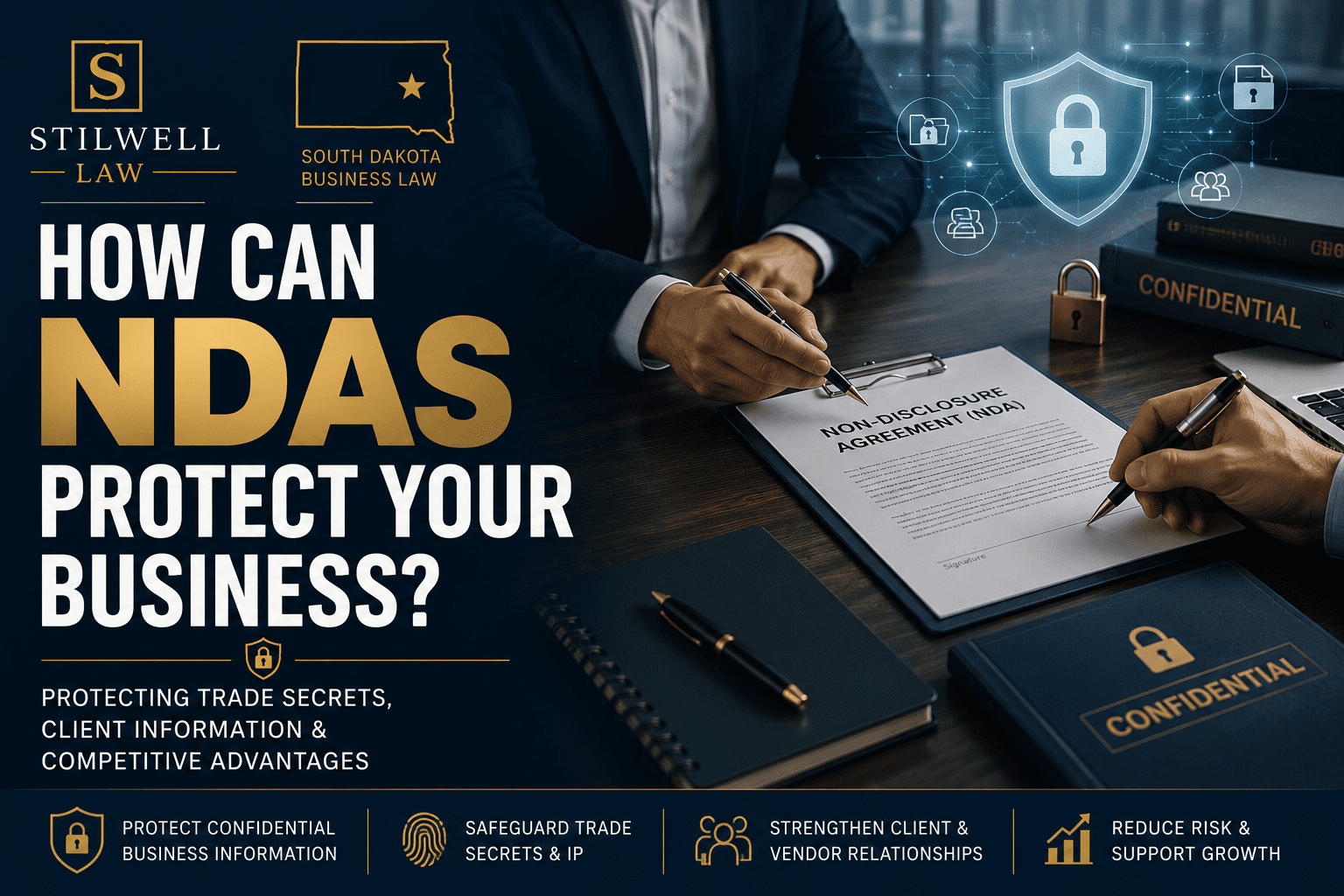 Business professionals reviewing and signing a non-disclosure agreement (NDA) with confidential documents and security graphics, illustrating how NDAs protect sensitive business information.